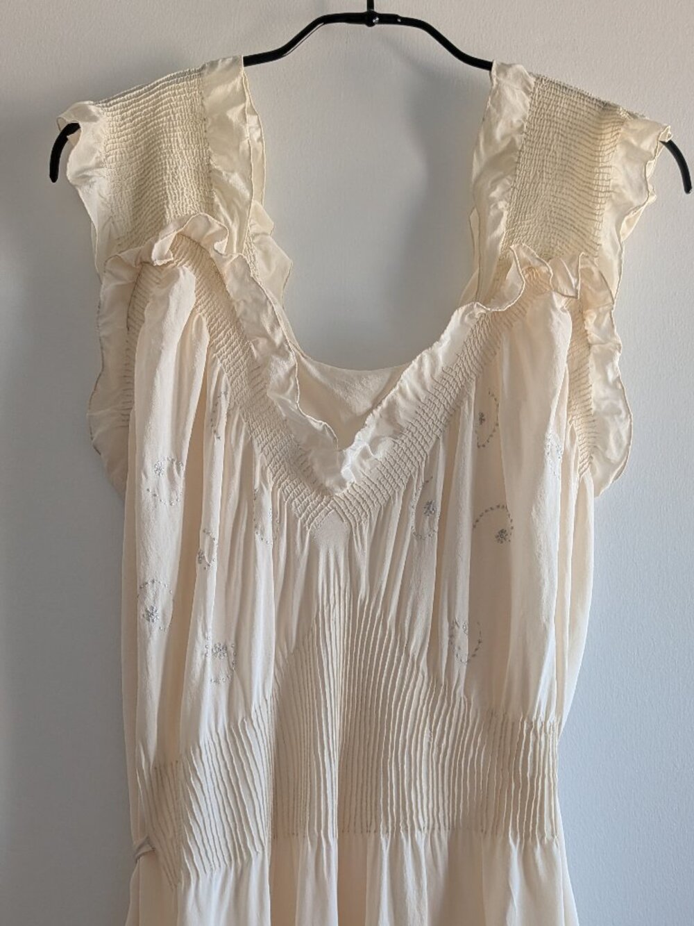 Vintage 1930s Ivory White Bias Cut Silk Slip Dress w Dove Grey Embroidery, M/L